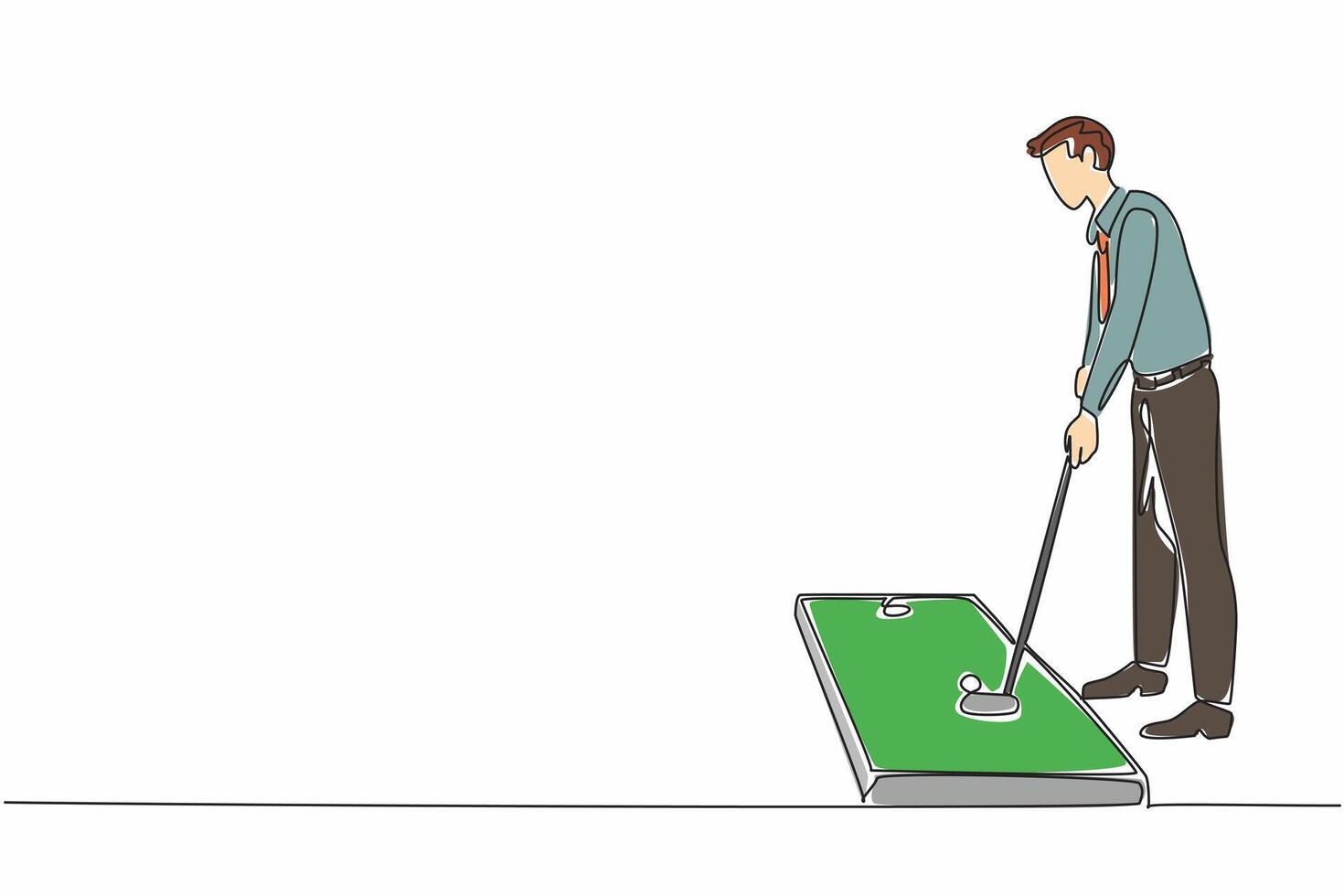 Continuous one line drawing businessman in tie playing mini golf in room. Work can be done later. Today is a play day at the office. National Goof Off Day. Single line draw design illustration vector