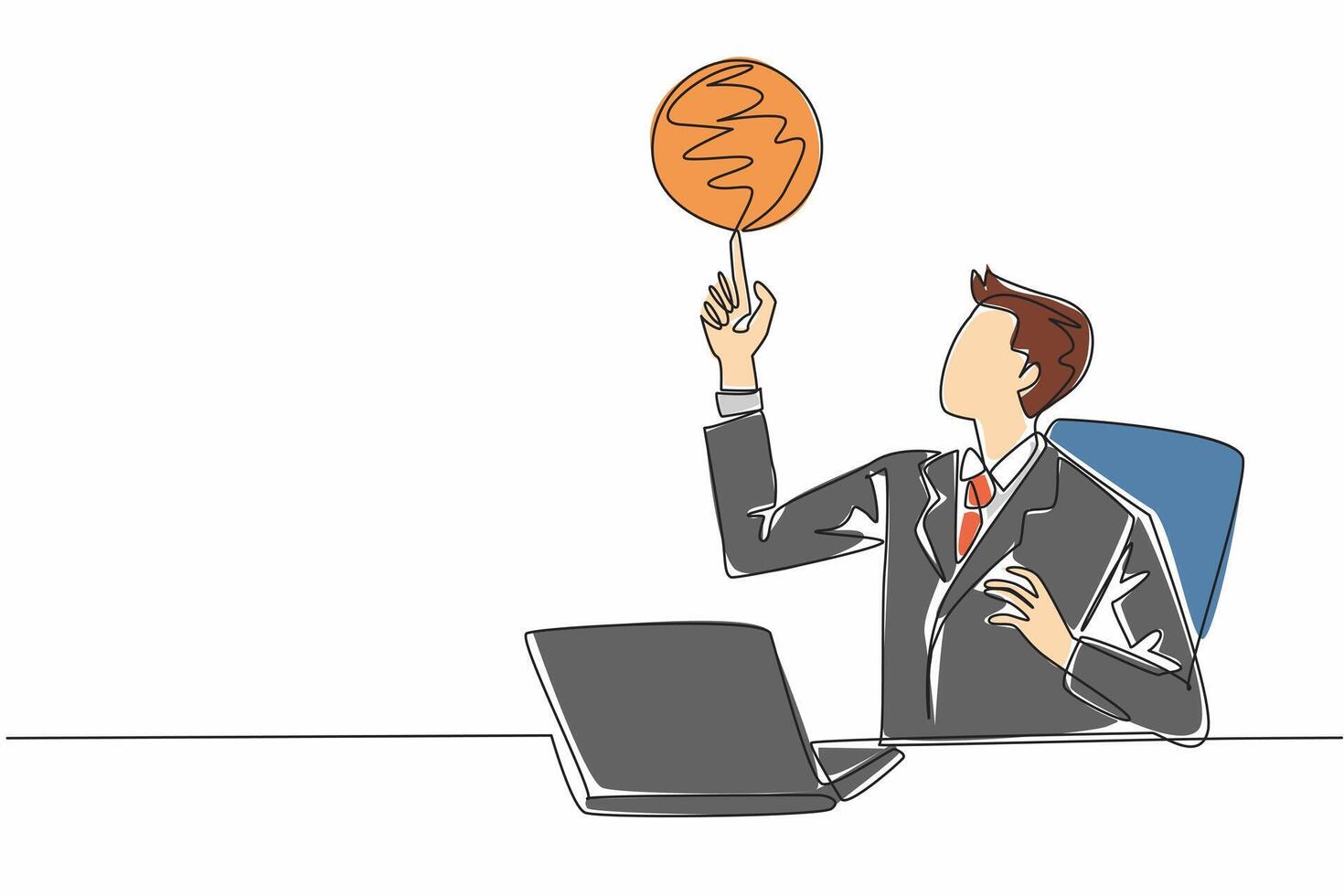 Single continuous line drawing businessman sitting in office chair spinning basketball on his finger. Forgetting work to play basketball. National Goof Off Day. One line design illustration vector