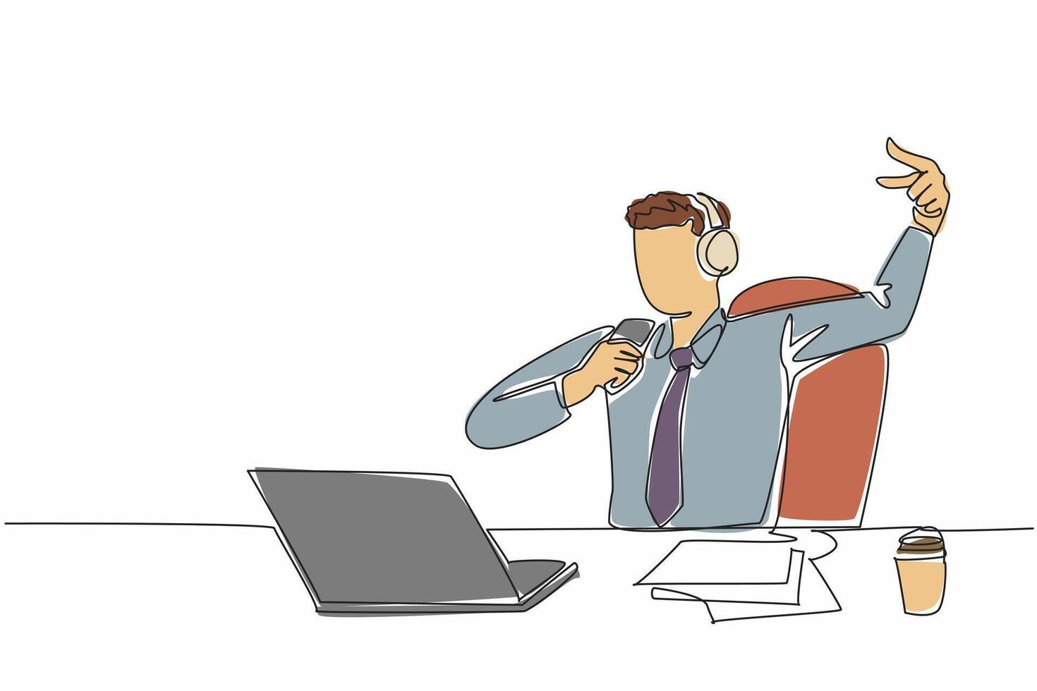 Single continuous line drawing businessman sitting on chair wearing headphones. Lazing around. Singing happily. Channeling hobbies. Exciting. National Goof Off Day. One line design illustration vector