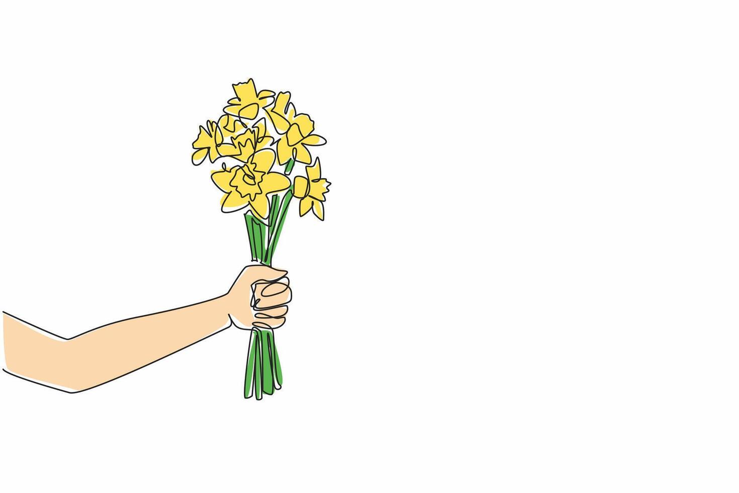 Single continuous line drawing hands holding several stalks of daffodil flower. Poisonous plants that also have many benefits. Like two sides of coin. Daffodil Day. One line design illustration vector