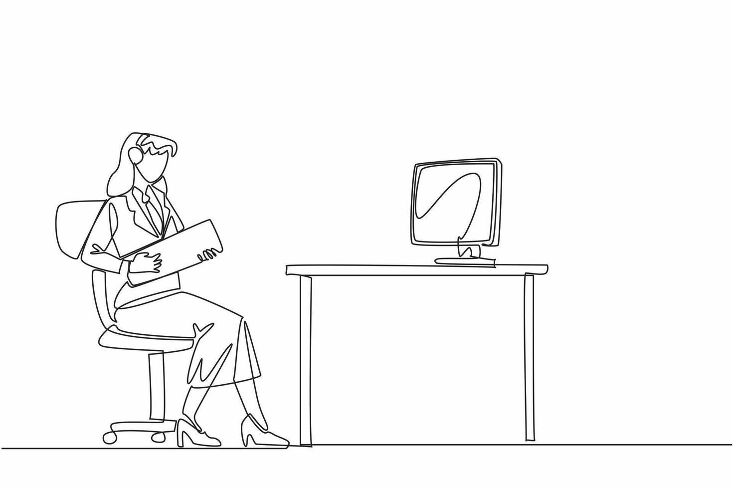 Continuous one line drawing businesswoman wearing headphones and using keyboard as guitar. Take advantage of the time to laze around. National Goof Off Day. Single line draw design illustration vector