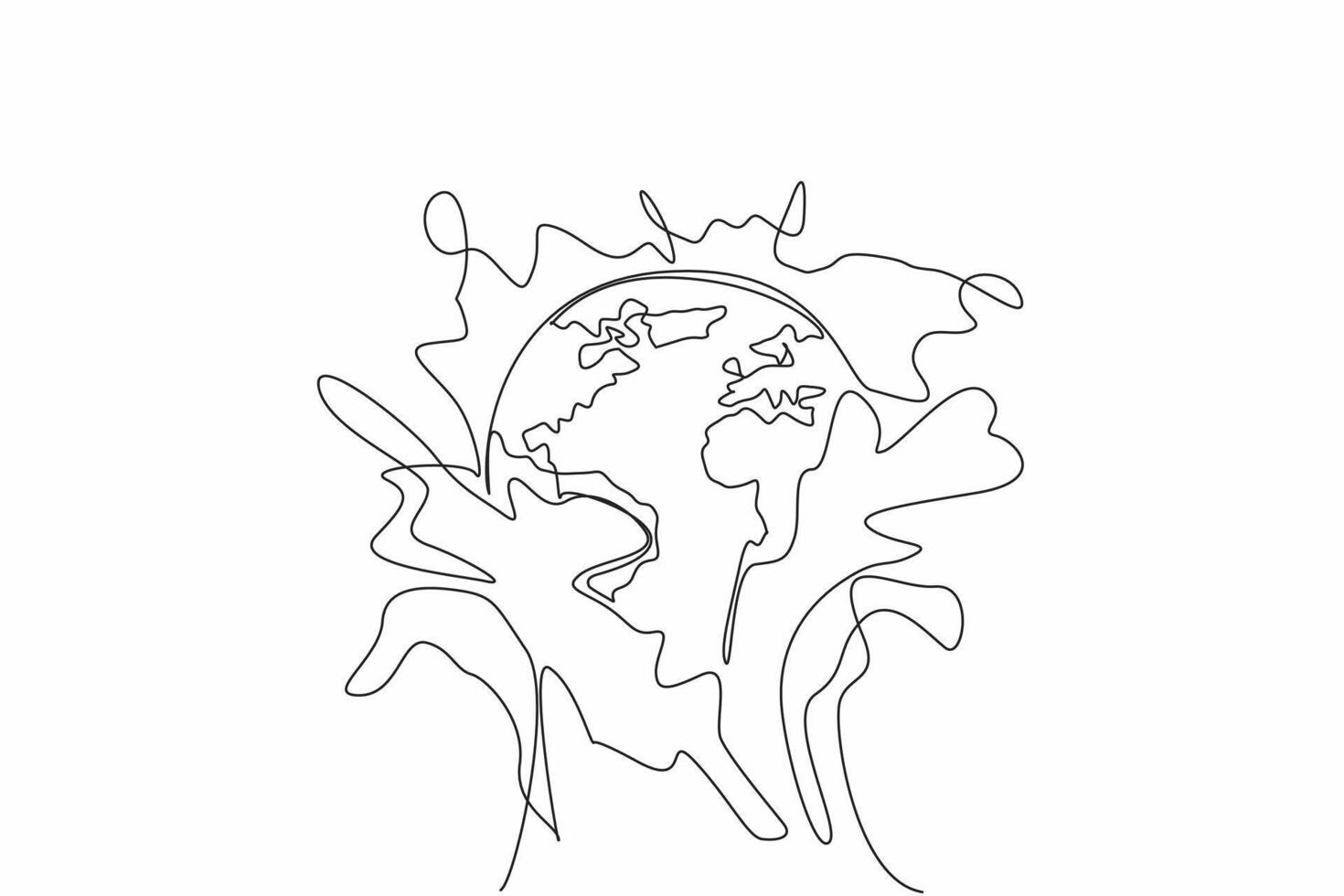 Single continuous line drawing globe hit by water splash from below. A metaphor. Should care more about protecting the environment. For future. World Water Day. One line design illustration vector