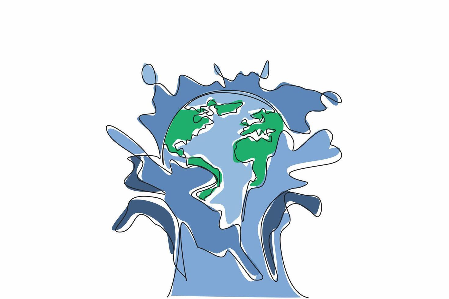 Single continuous line drawing globe hit by water splash from below. A metaphor. Should care more about protecting the environment. For future. World Water Day. One line design illustration vector