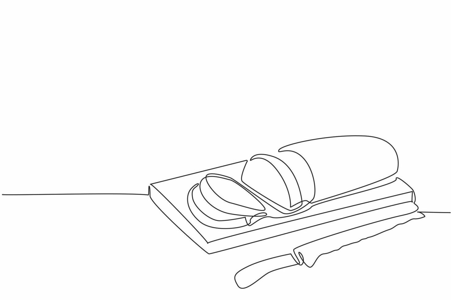 Single one line drawing French bread with the ends cut off on a cutting board. Chef prepares a baguette tester slice. Customer. National French Bread Day. Continuous line design graphic illustration vector