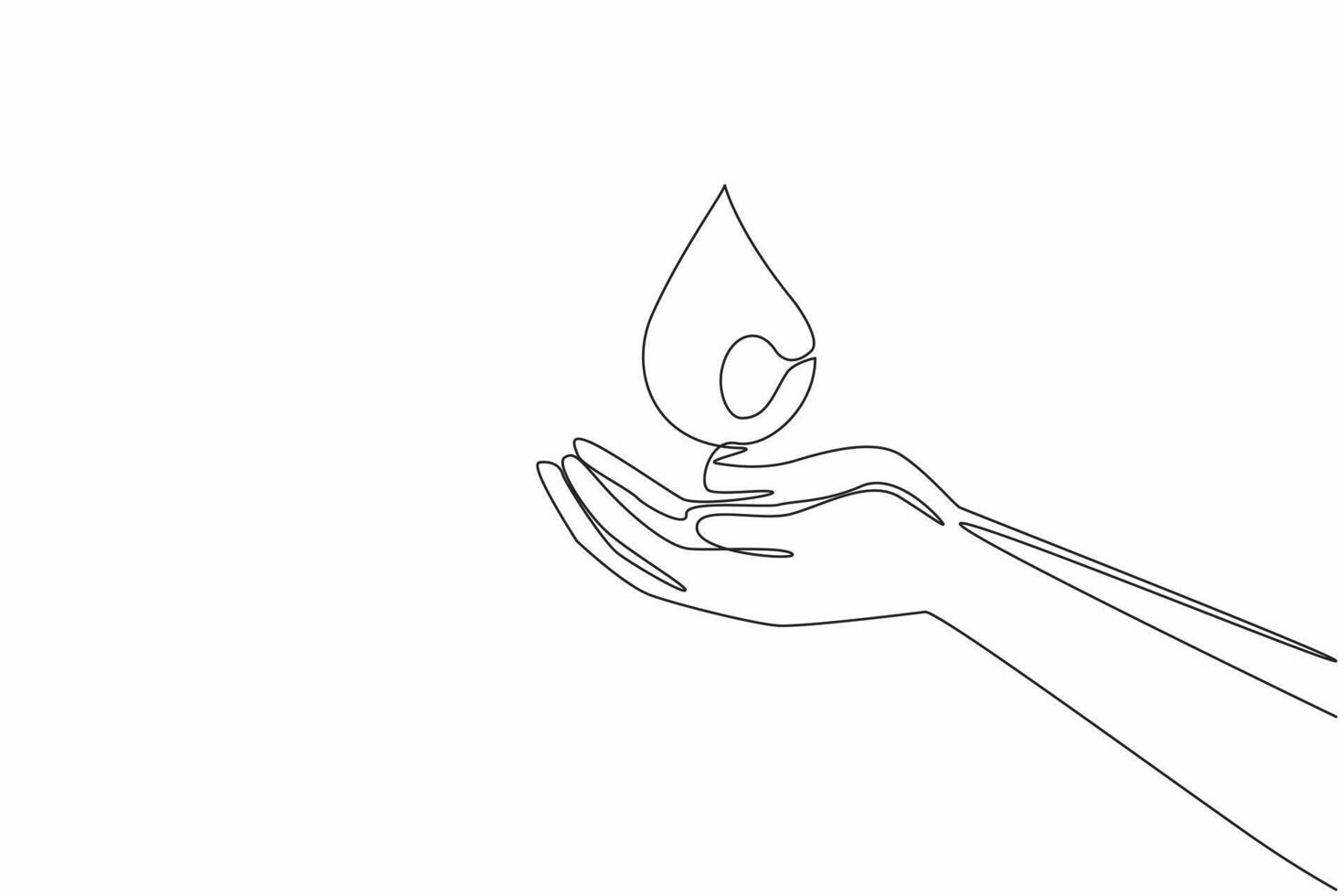 Single continuous line drawing palms catch the water droplets. Water drops mark the end of the dry season. Abundant water. Increase gratitude. World Water Day. One line design illustration vector