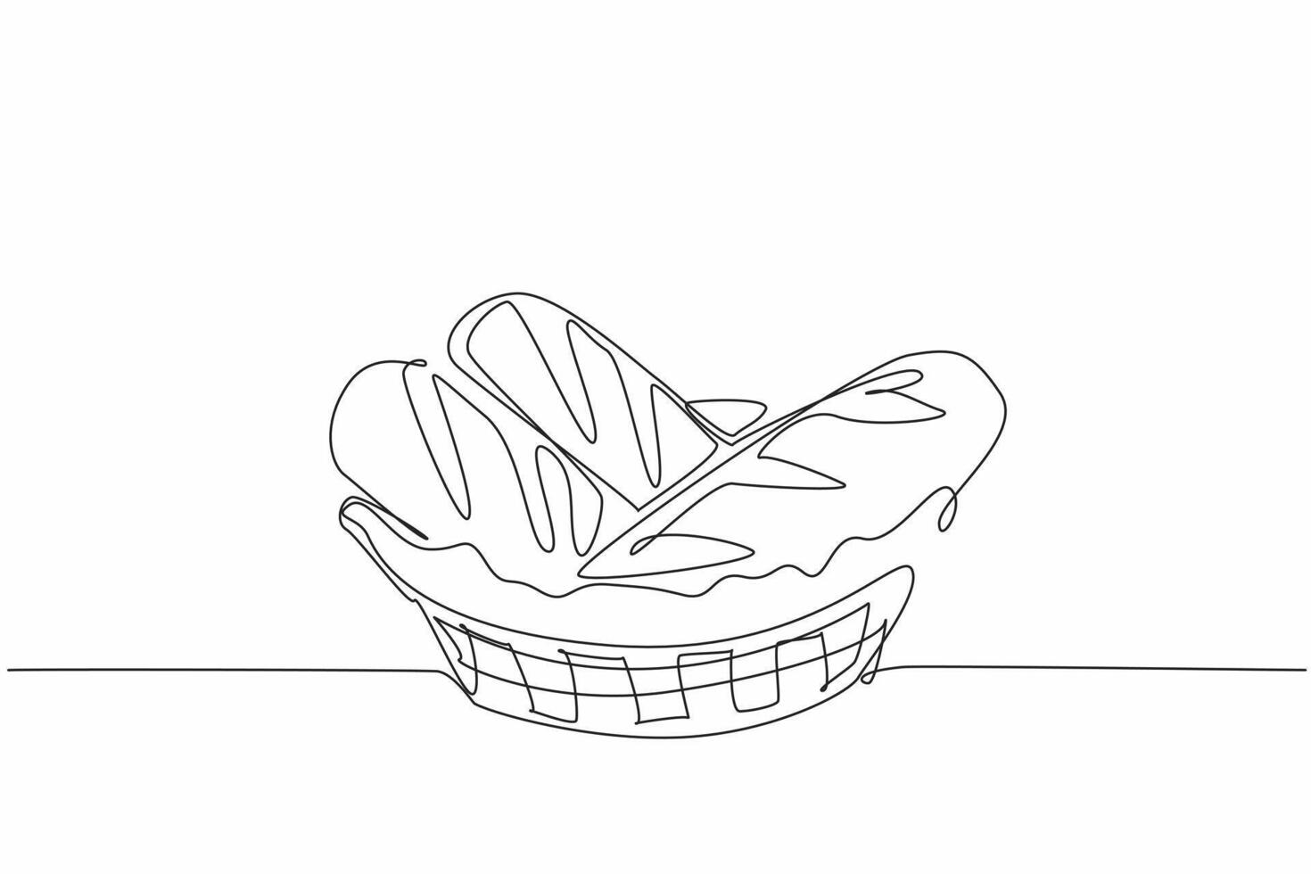 Single continuous line drawing three pieces of french bread in wicker basket lined with cloth. Pleasing presentation of baguette display. National French Bread Day. One line design illustration vector