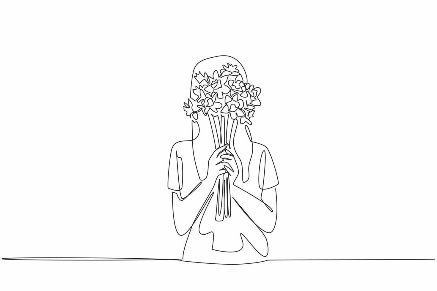 Single one line drawing woman holding bouquet of daffodils with both hands. Blushing embarrassed covered the face. Plants have many benefits. Daffodil Day. Continuous line design graphic illustration vector