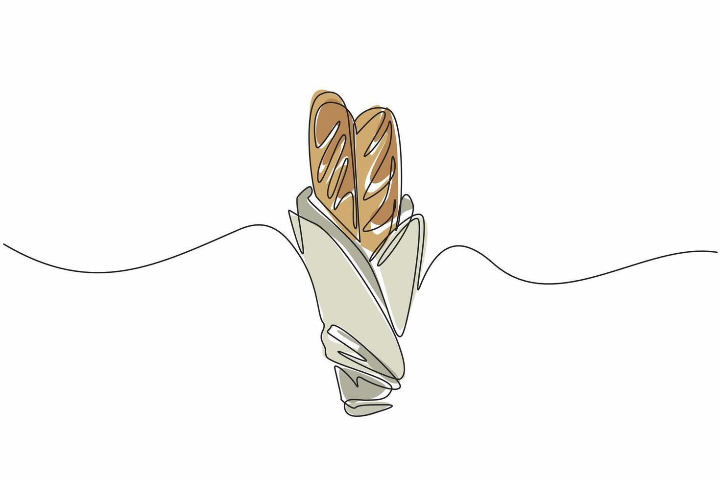 Continuous one line drawing two pieces of french bread, half of bread covered in cloth. Baguettes will be brought for provisions. National French Bread Day. Single line draw design illustration vector