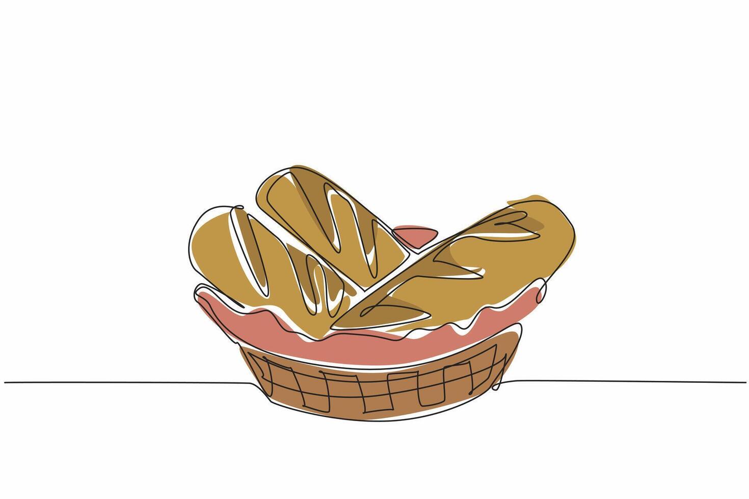 Single continuous line drawing three pieces of french bread in wicker basket lined with cloth. Pleasing presentation of baguette display. National French Bread Day. One line design illustration vector
