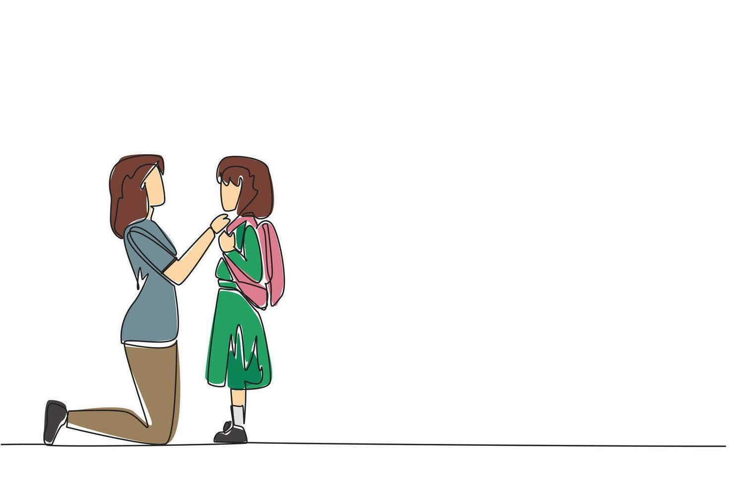 Single continuous line drawing mother kneeling buttoning daughter's shirt. Help prepare for going to school. Without ulterior motives. National Single Parent Day. One line design illustration vector