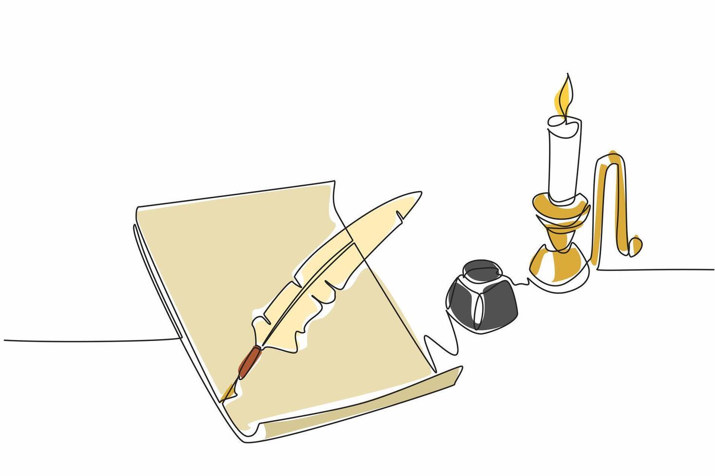 Single continuous line drawing a sheet of paper with quill. There is an inkwell to make writing easier. Recording culture through light language. World Poetry Day. One line design illustration vector