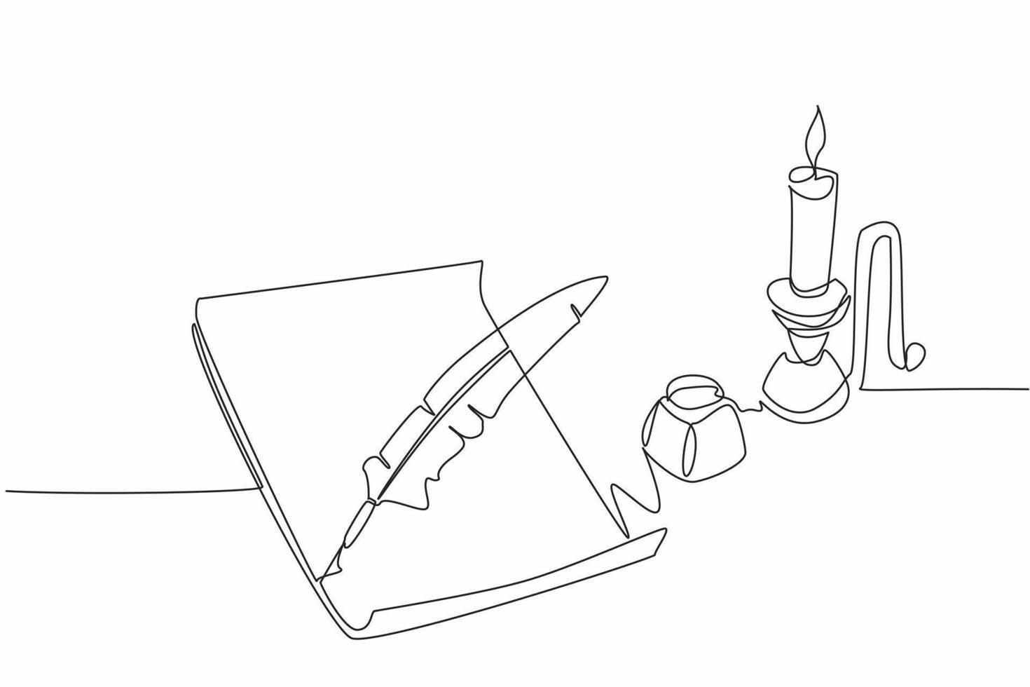 Single continuous line drawing a sheet of paper with quill. There is an inkwell to make writing easier. Recording culture through light language. World Poetry Day. One line design illustration vector