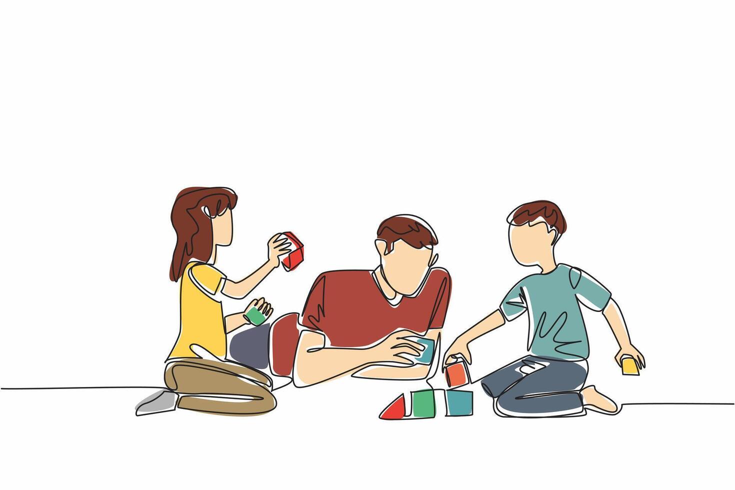 Single continuous line drawing father lying on the floor playing building blocks with his son and daughter. Play and learn balance. National Single Parent Day. One line design illustration vector