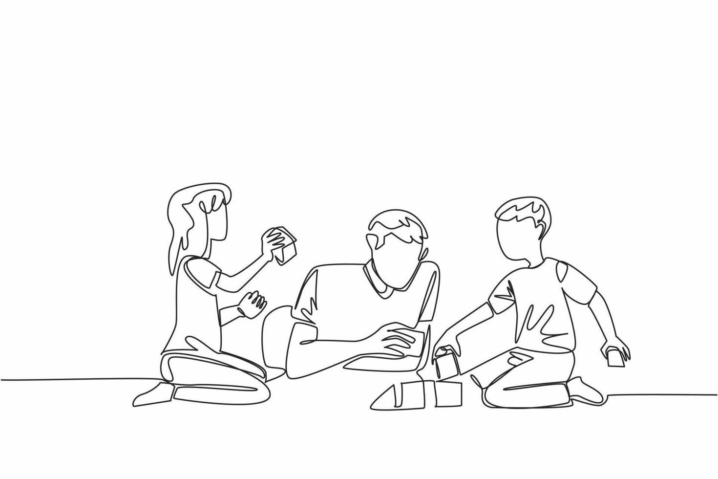 Single continuous line drawing father lying on the floor playing building blocks with his son and daughter. Play and learn balance. National Single Parent Day. One line design illustration vector