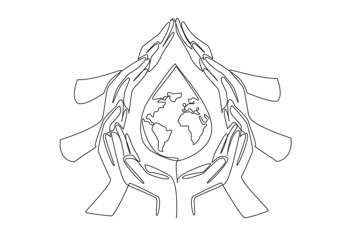 Single one line drawing series of hands forming water drop. Keep the water clean. Without contamination. Water is the source of life. World Water Day. Continuous line design graphic illustration vector