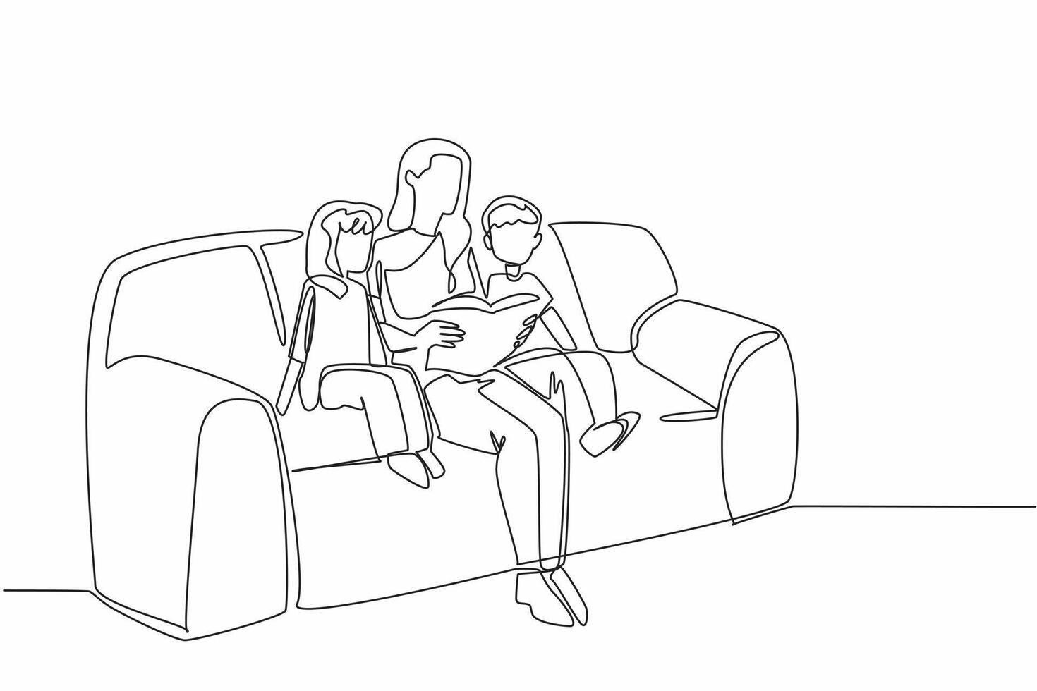 Continuous one line drawing mother reading a book on the sofa while hugging her daughter and son. Reading inspirational stories. National Single Parent Day. Single line draw design illustration vector