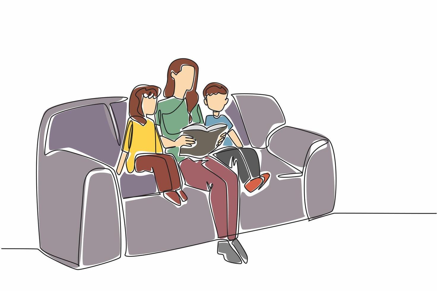 Continuous one line drawing mother reading a book on the sofa while hugging her daughter and son. Reading inspirational stories. National Single Parent Day. Single line draw design illustration vector