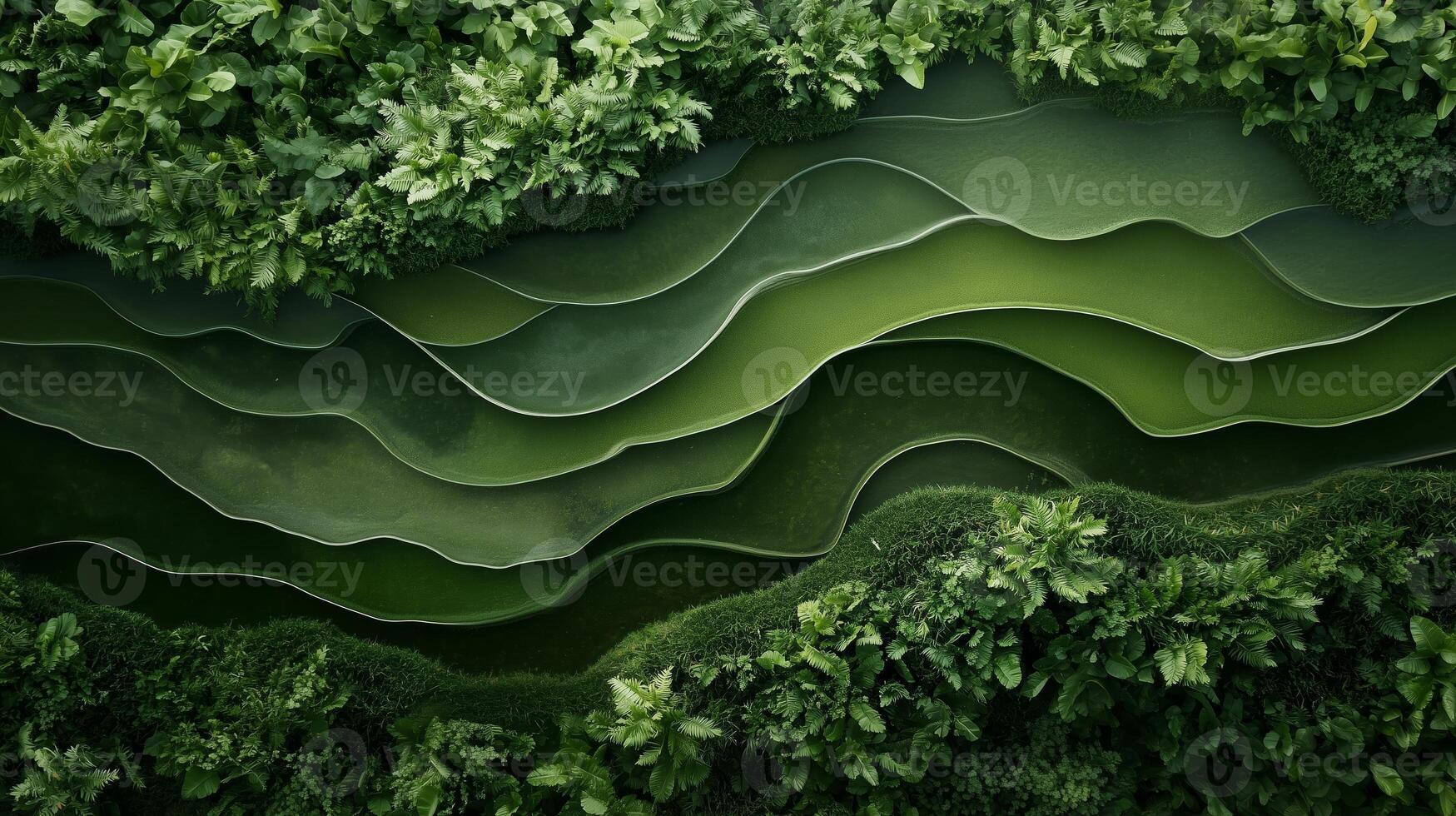 Lush green landscape with layered textures showcasing vibrant plant life and natural patterns in a tranquil setting photo