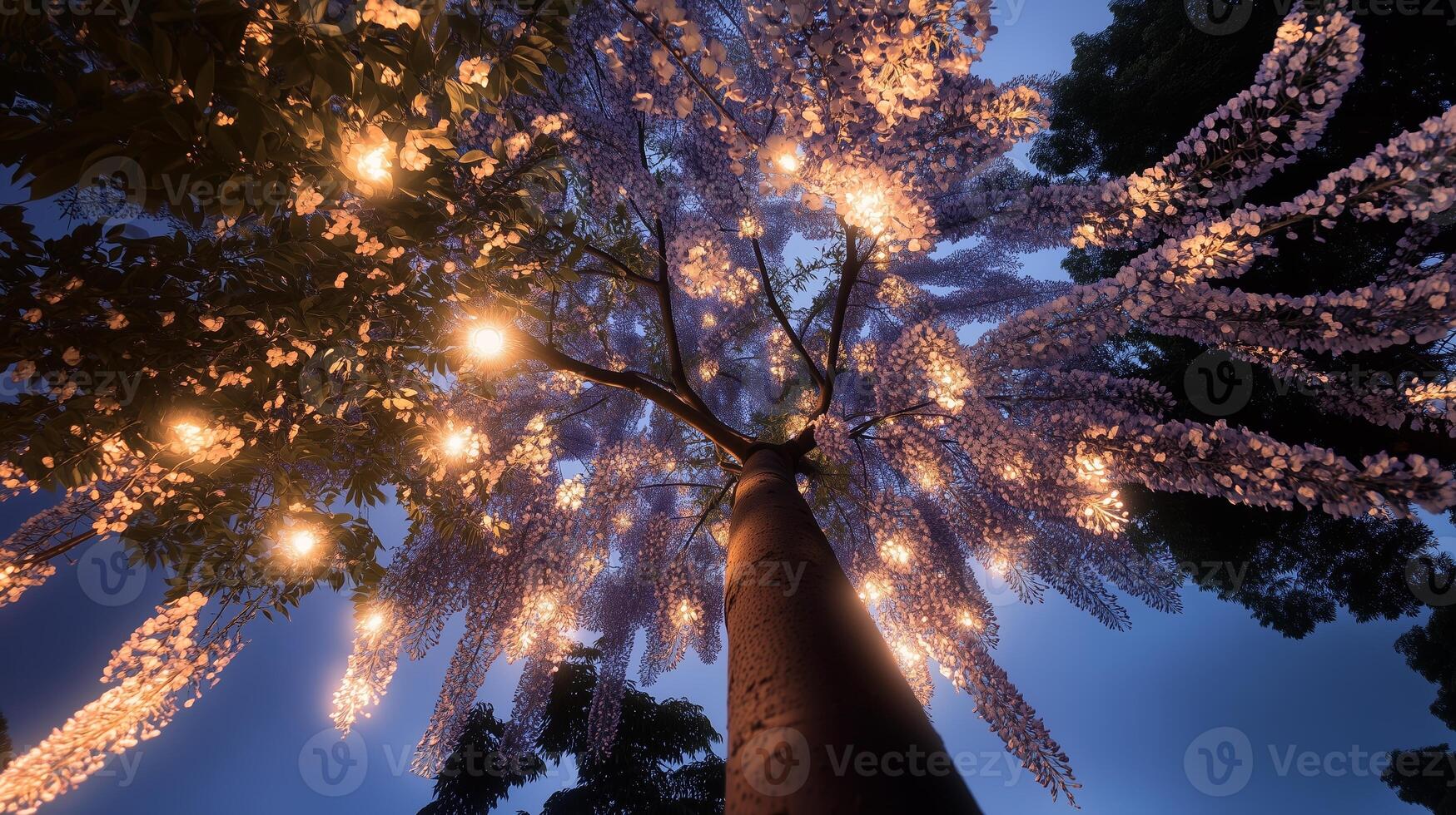 Wisteria tree illuminated at dusk with glowing lights creating a magical atmosphere in a serene garden setting photo