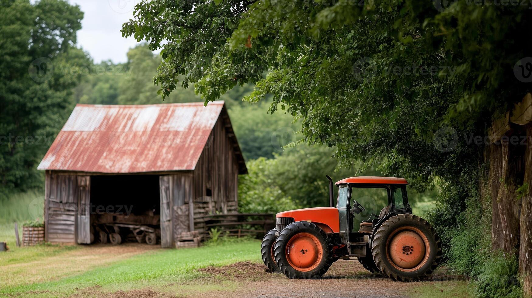 Rustic tractor parked beside an old wooden barn surrounded by lush greenery on a cloudy day photo