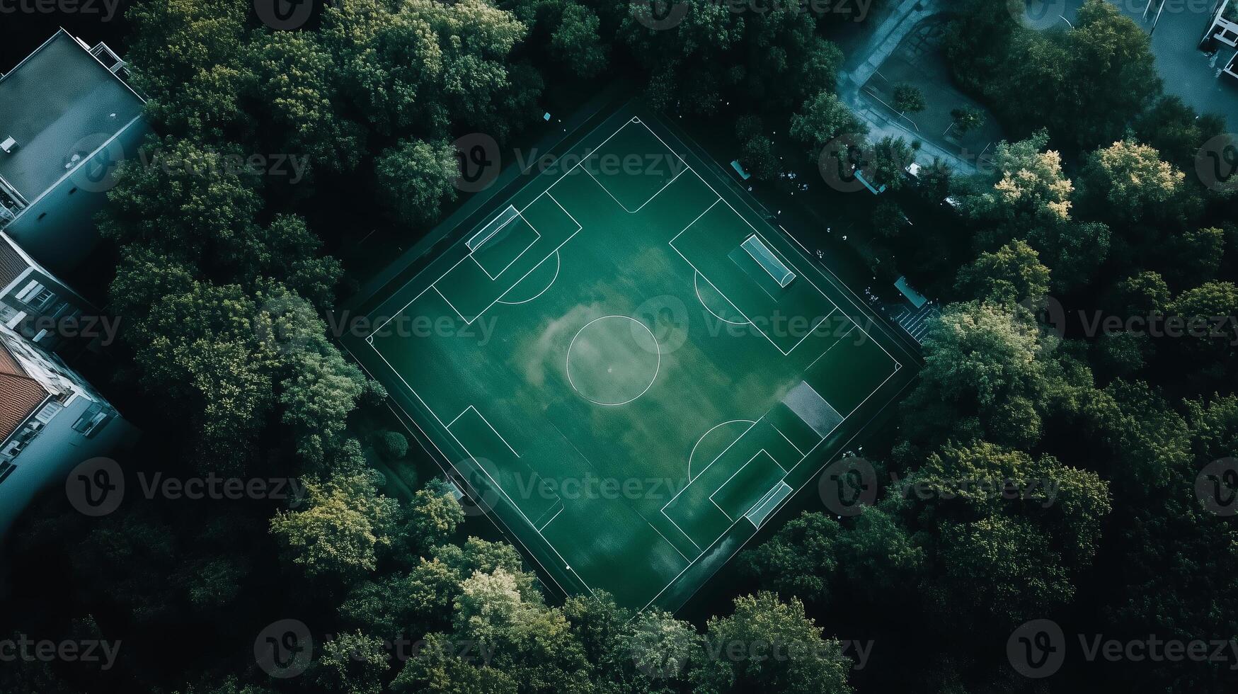 Green soccer field surrounded by trees viewed from above at an urban location during daylight photo