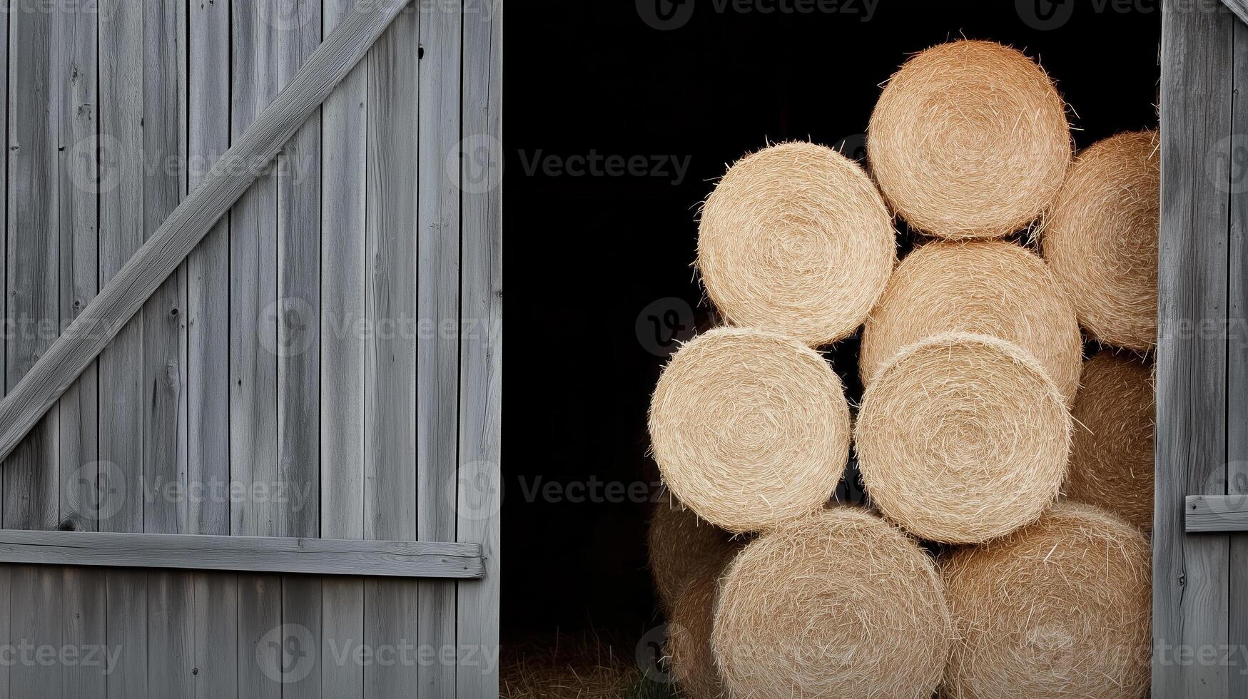 Stacked hay bales in a rustic barn showcasing farm life in the countryside photo