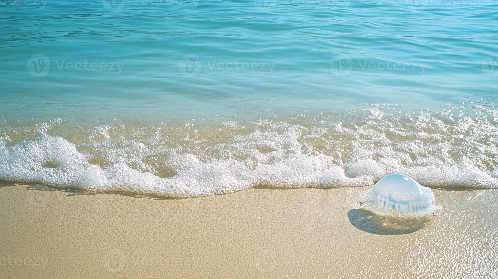 Clear jellyfish gliding on the sandy beach at the ocean's edge under bright sunny skies photo