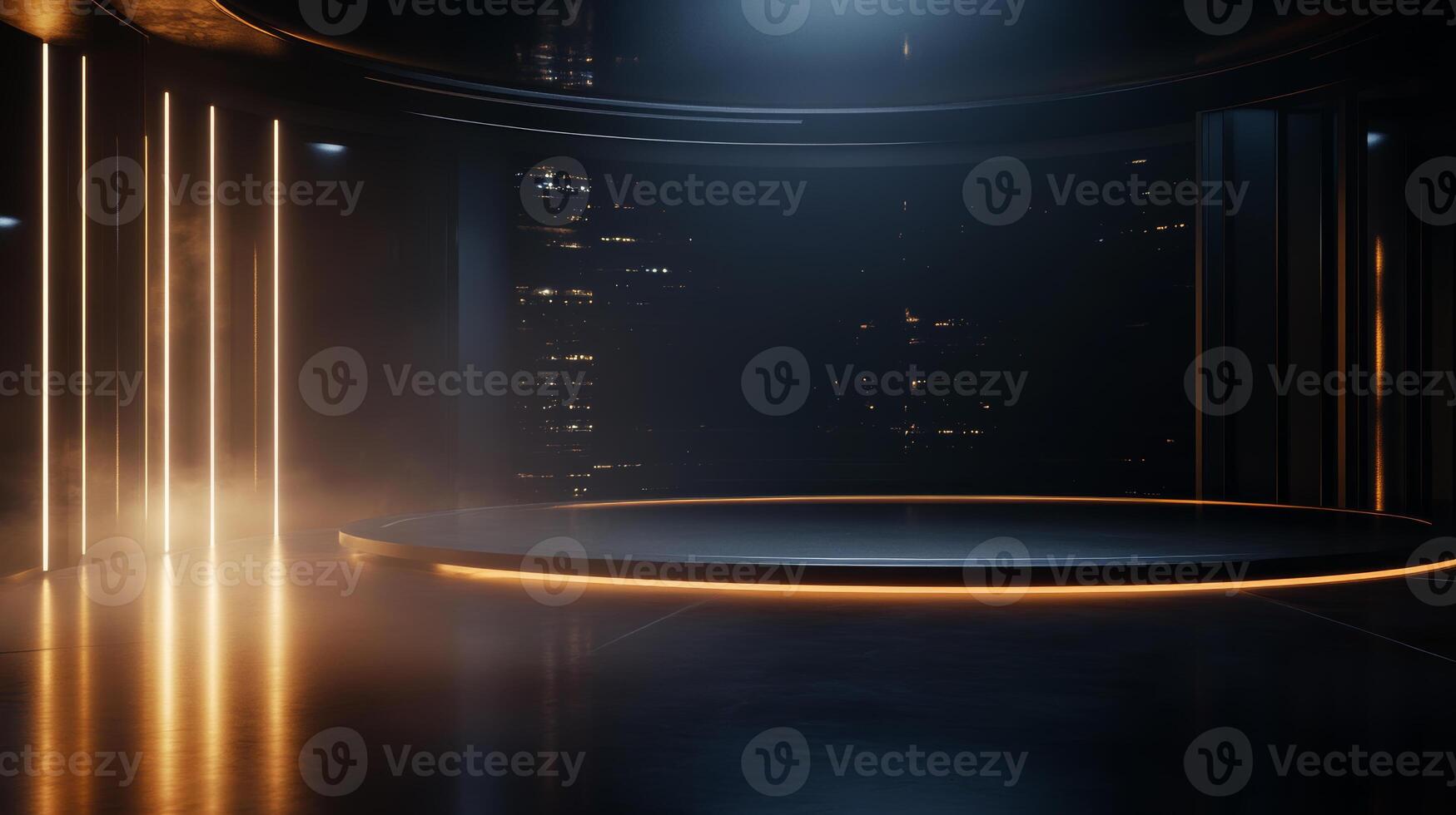 Modern stage design featuring dramatic lighting and empty performance area in a futuristic setting photo