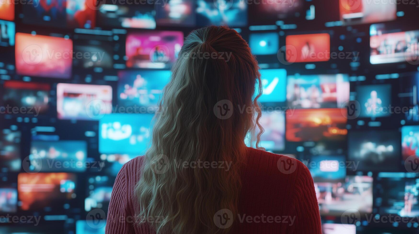 Person analyzes multiple digital screens displaying vibrant content in a modern workspace photo