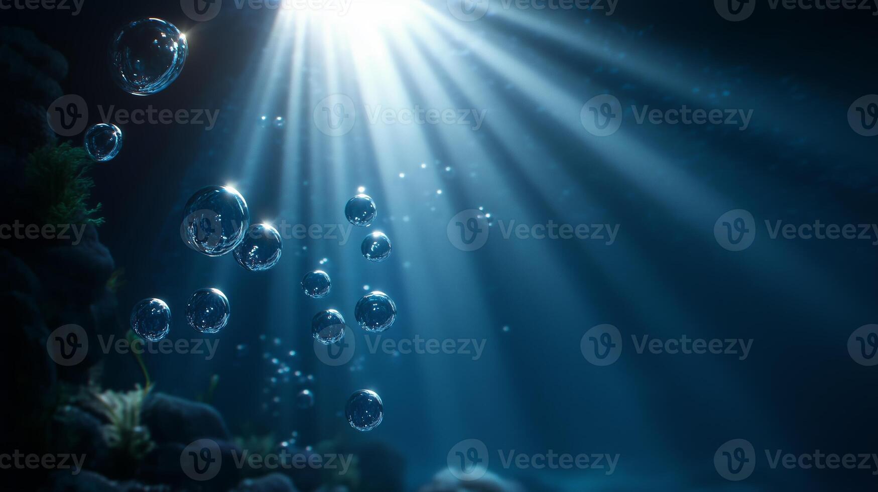 Bubbles rising in a serene underwater environment illuminated by soft sunlight beams photo