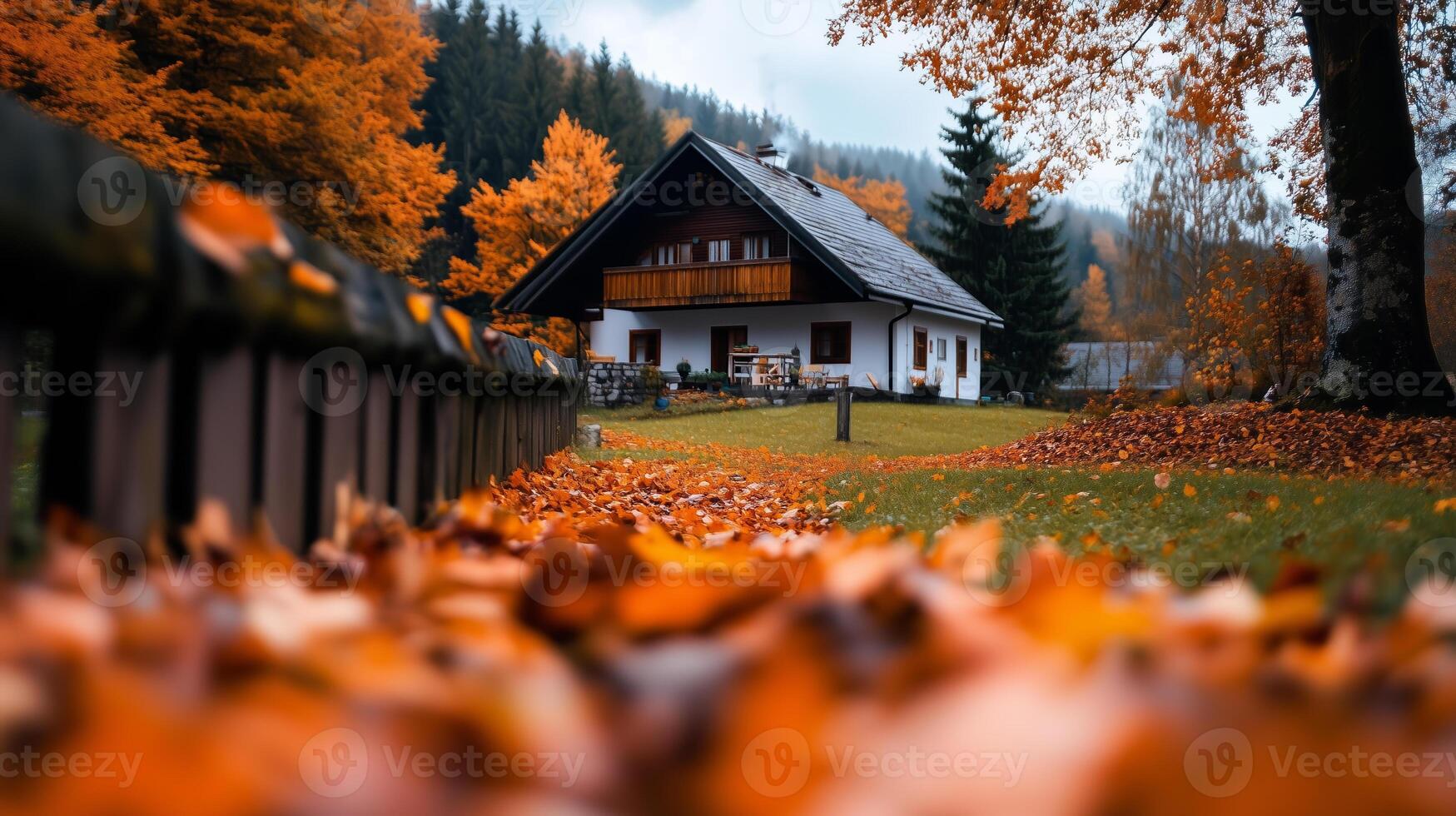 Vibrant autumn landscape with a cozy house surrounded by colorful foliage and misty mountains photo