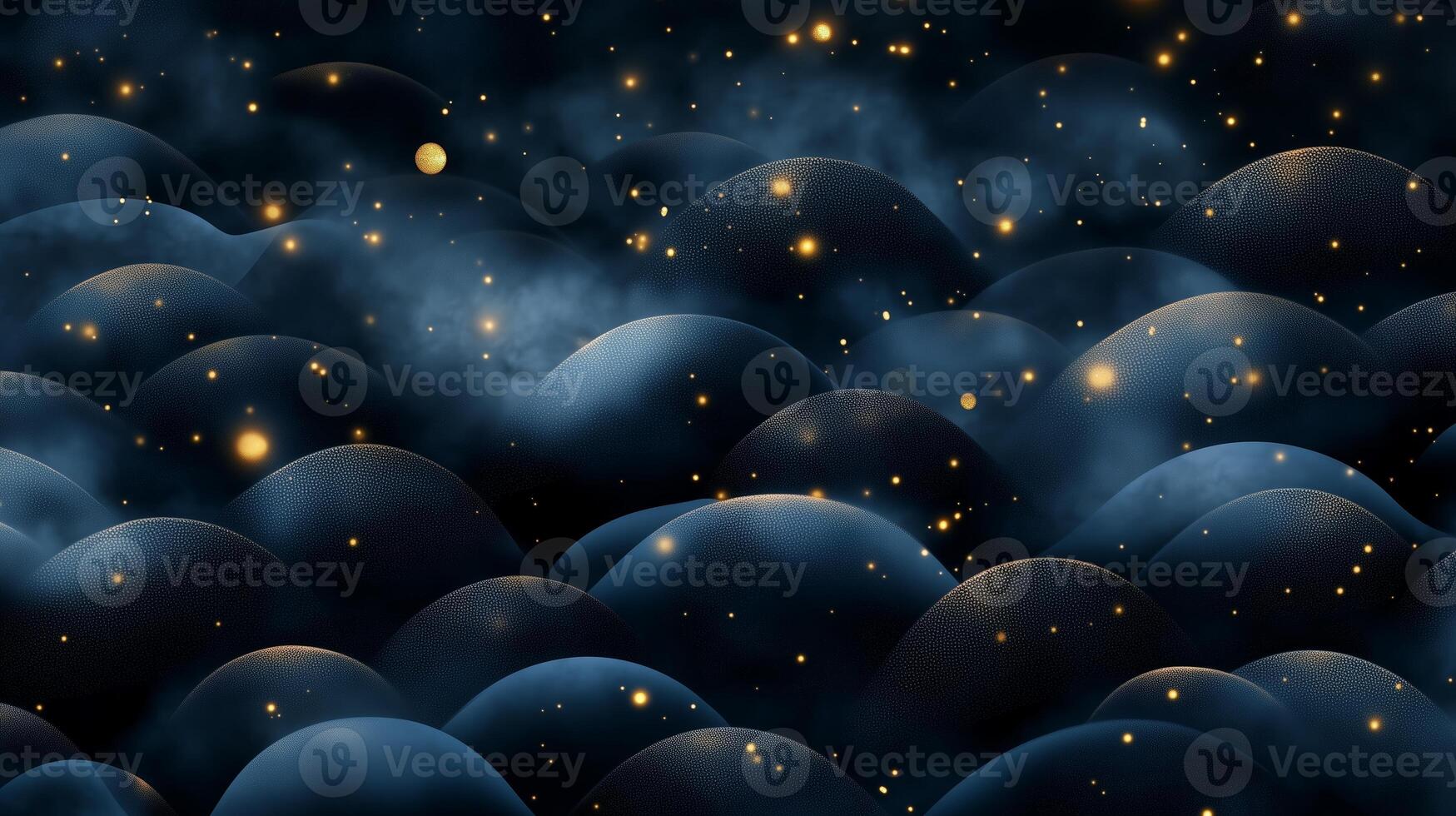 Stars twinkle above dark, smooth hills under a night sky filled with cosmic clouds and glowing particles photo