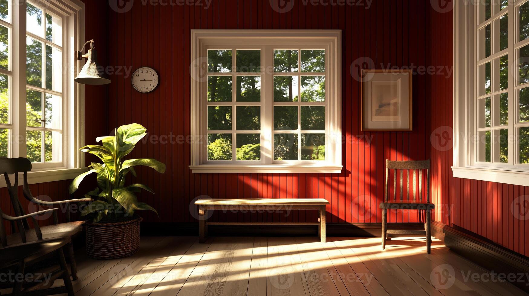 Cozy interior of a rustic room with red walls and natural light pouring through large windows photo