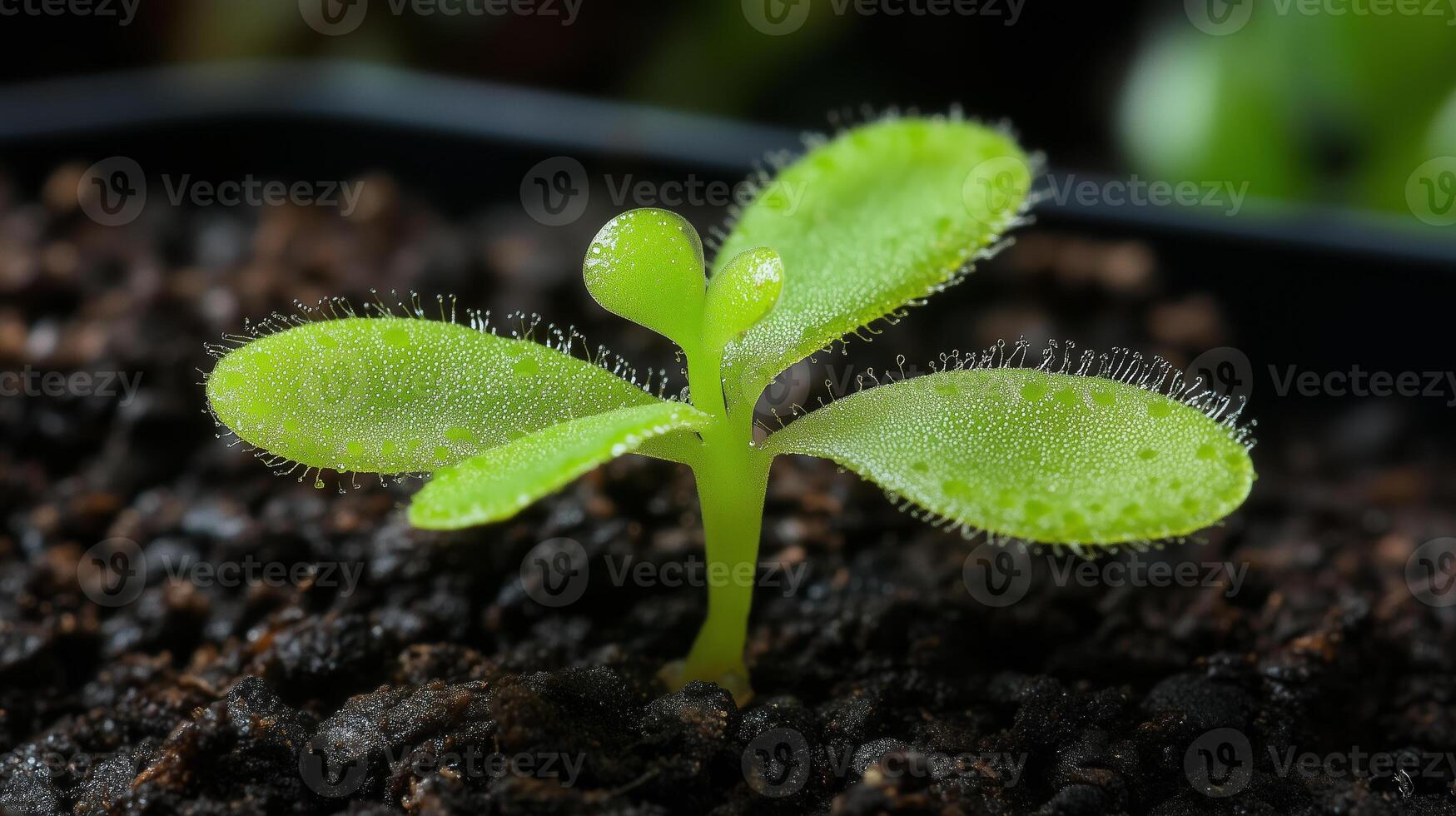 Young green plant sprouting from dark soil surrounded by nutrient-rich environment under soft natural light photo