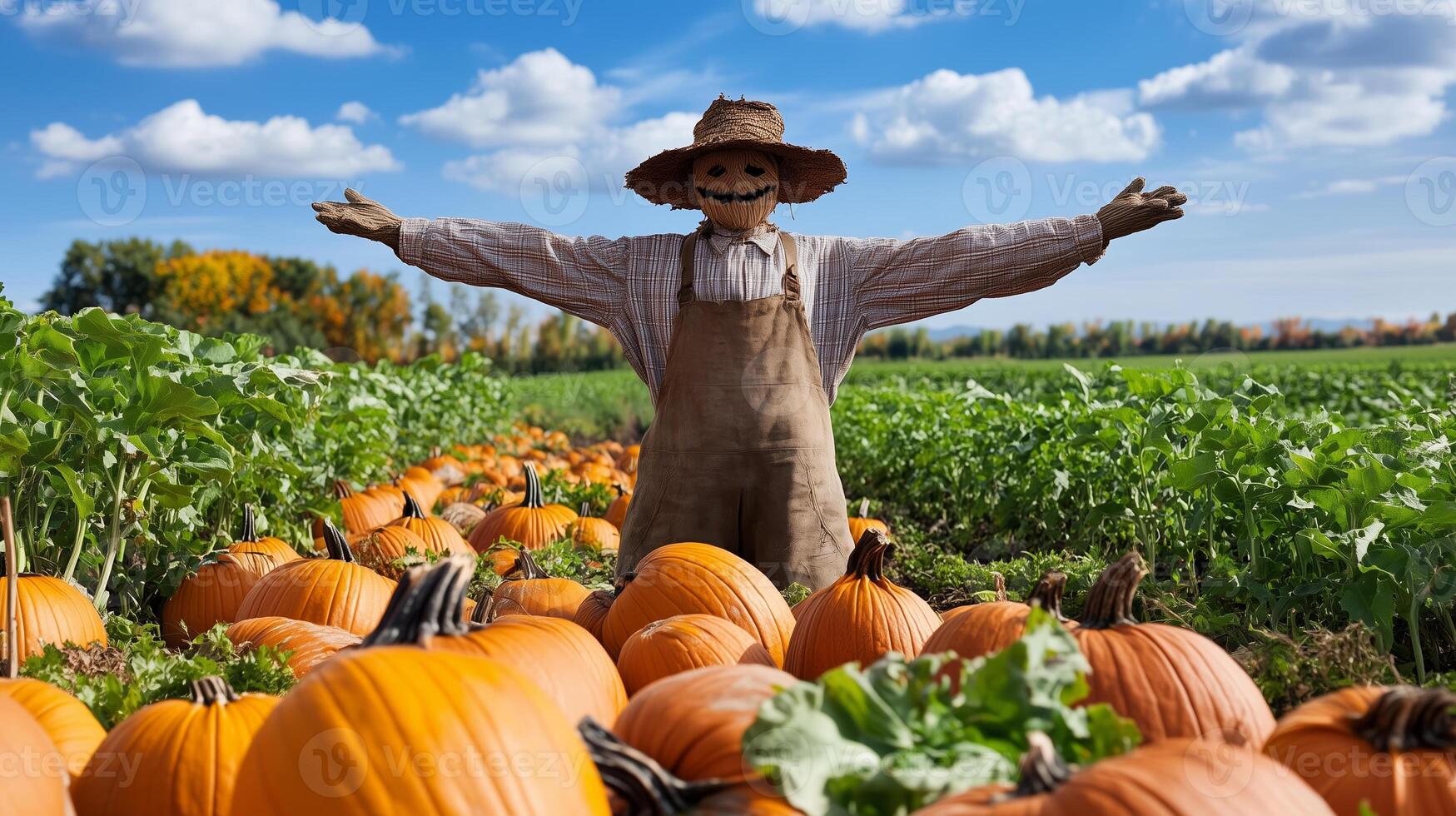 Scarecrow stands proudly among ripe pumpkins on a sunny autumn day in a vast pumpkin patch photo