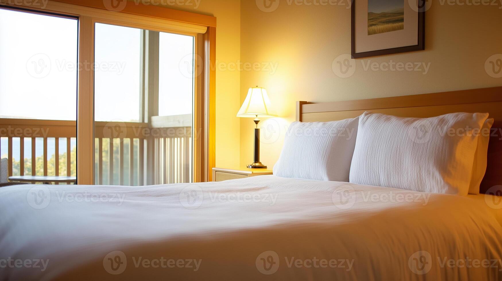 Cozy hotel room featuring a king-sized bed and balcony view during a serene evening photo