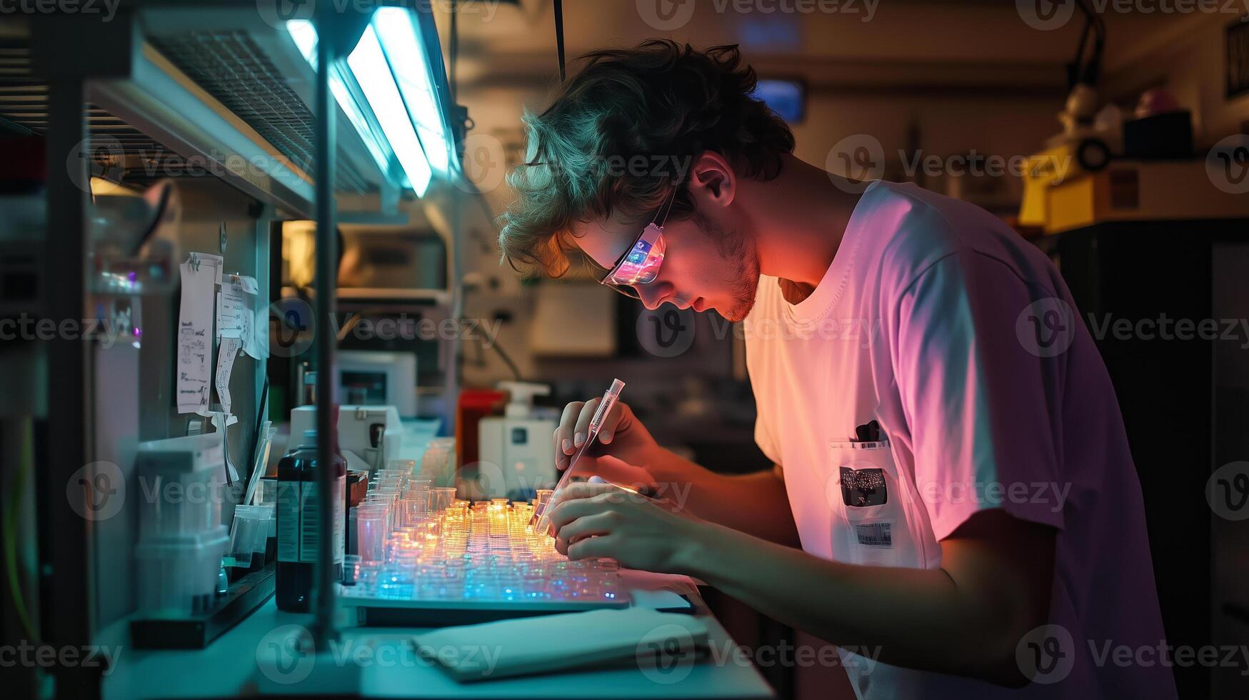 Young scientist conducts experiments in a dimly lit laboratory during late hours photo