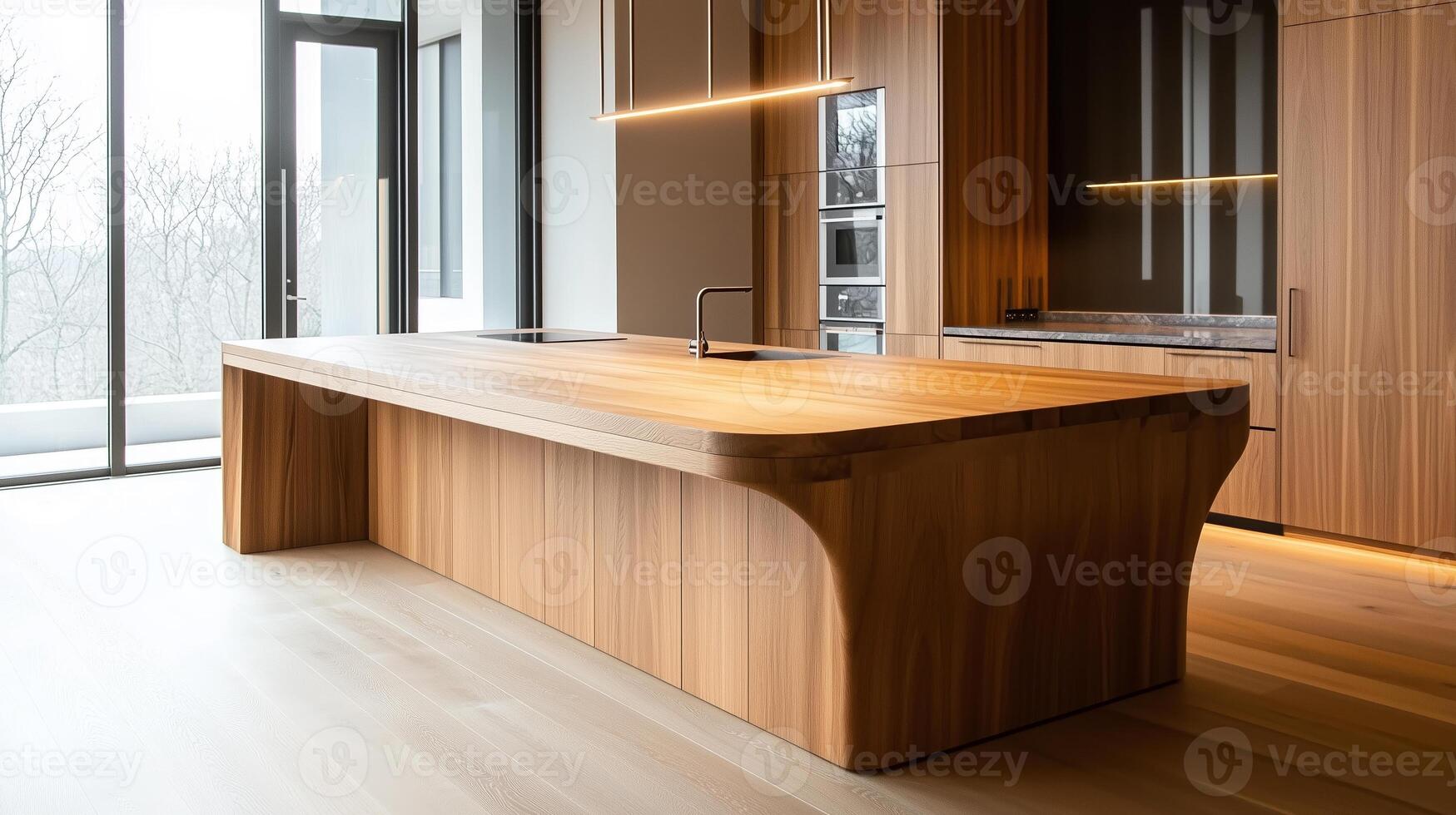 Sleek wooden kitchen island in modern home emphasizes simplicity and elegance in minimalist design photo