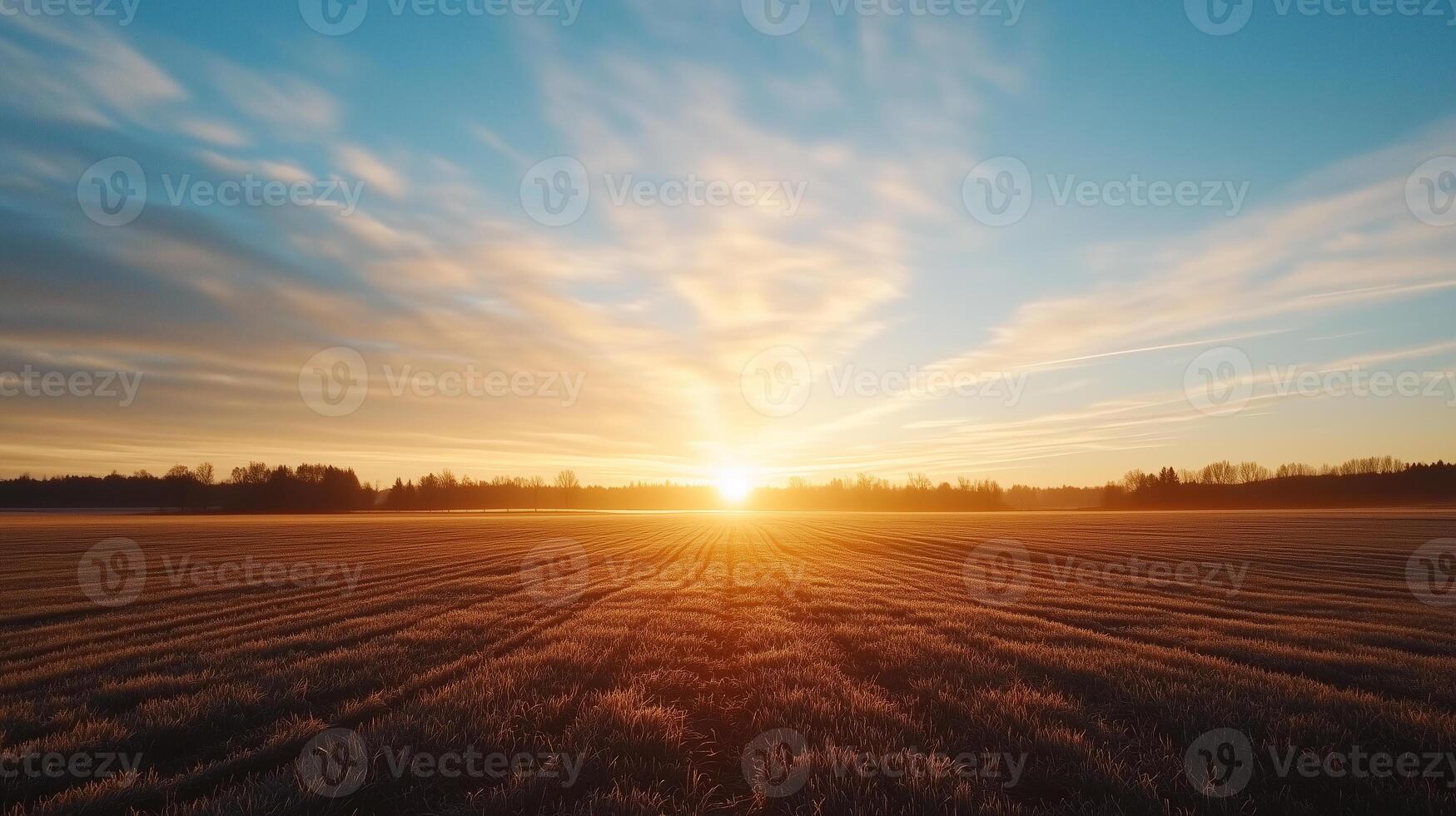 Breathtaking sunrise over a serene field with golden hues and soft clouds in the early morning sky photo