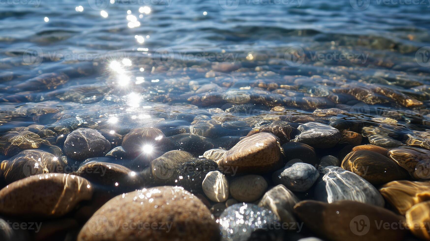 Sparkling water with smooth stones under bright sunlight reflecting on a calm surface in a serene natural setting photo