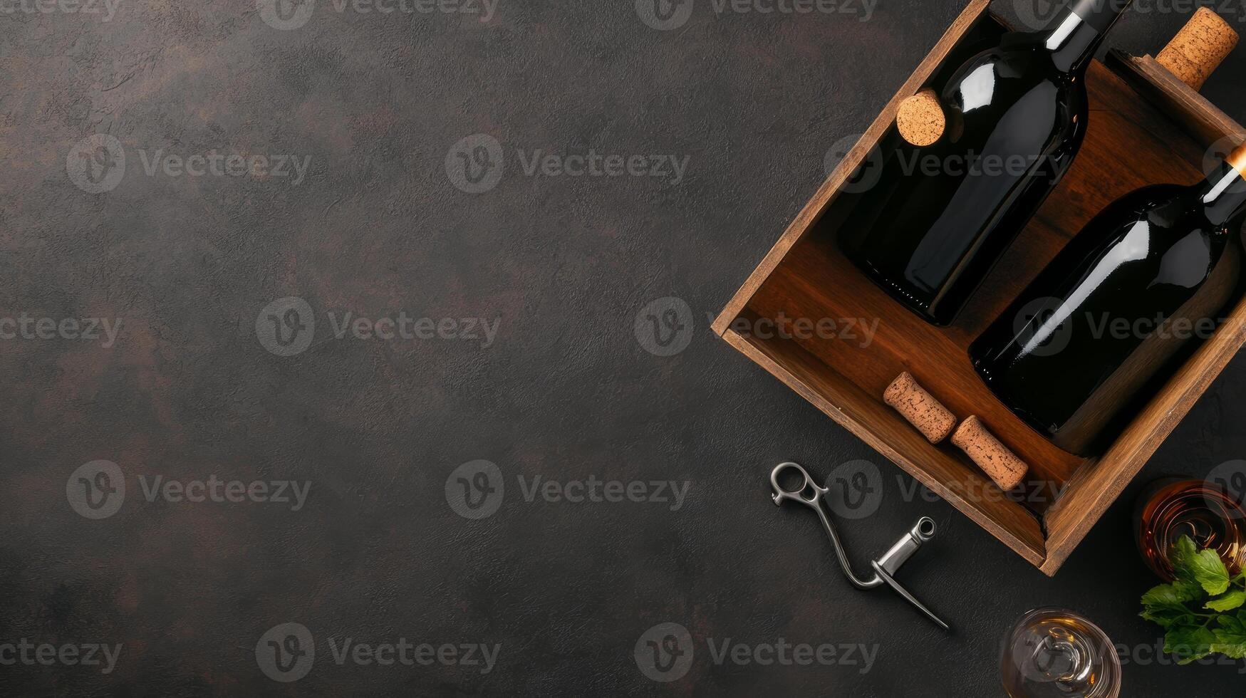 Enjoying a wine tasting experience with bottles, corks, and tools on a dark surface photo