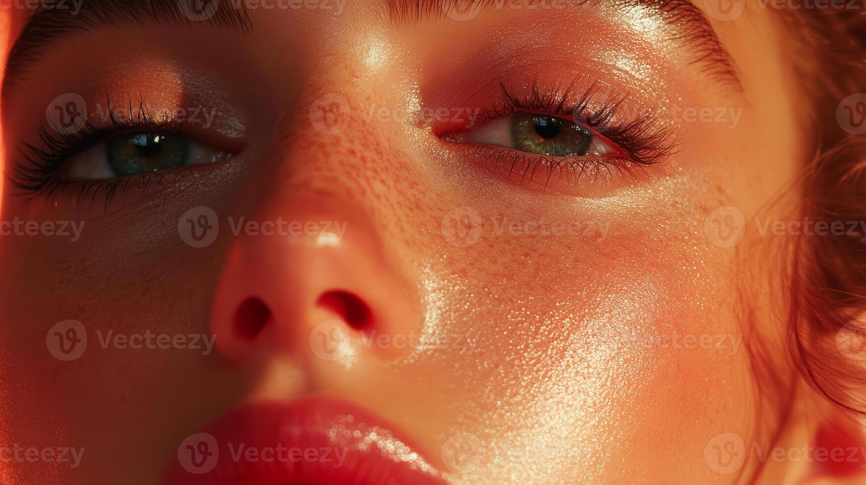 Close-up portrait of a model with glowing skin and expressive eyes in warm lighting at a photoshoot photo