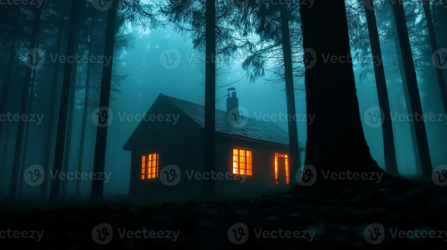 Enchanted cabin glowing in a misty forest at twilight photo