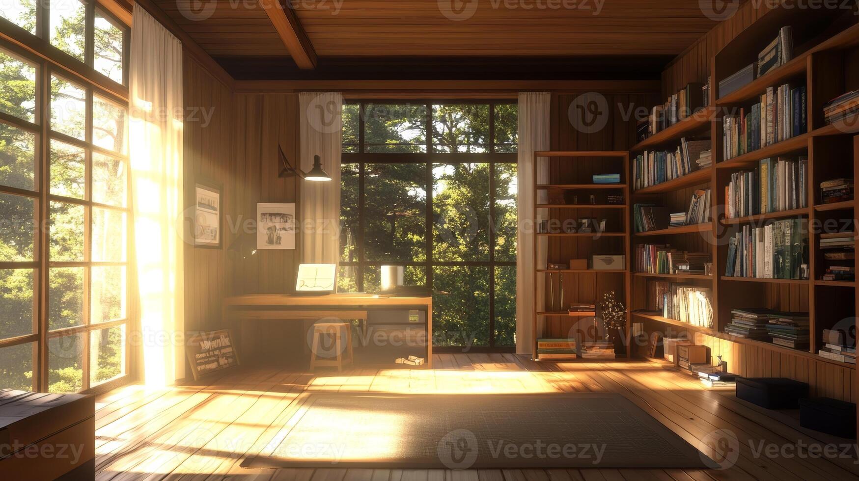 Cozy wooden study with a view of nature, ideal for reading and reflection in a serene atmosphere photo