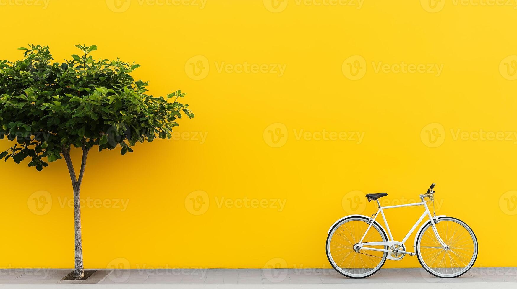 Bright yellow wall complements a white bicycle leaning against a tree in an urban setting photo