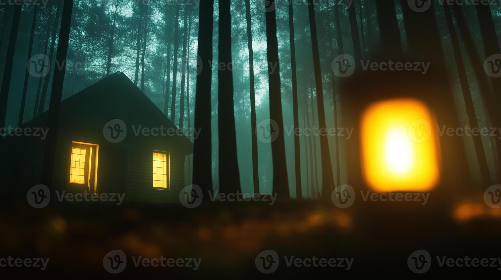 Cabin in the forest illuminated by lantern light during dusk photo