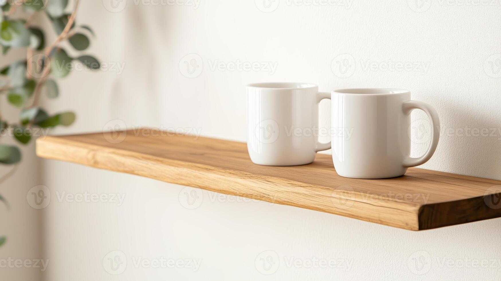 White ceramic mugs on a wooden shelf decorated with a green plant in a cozy indoor space during daylight hours photo