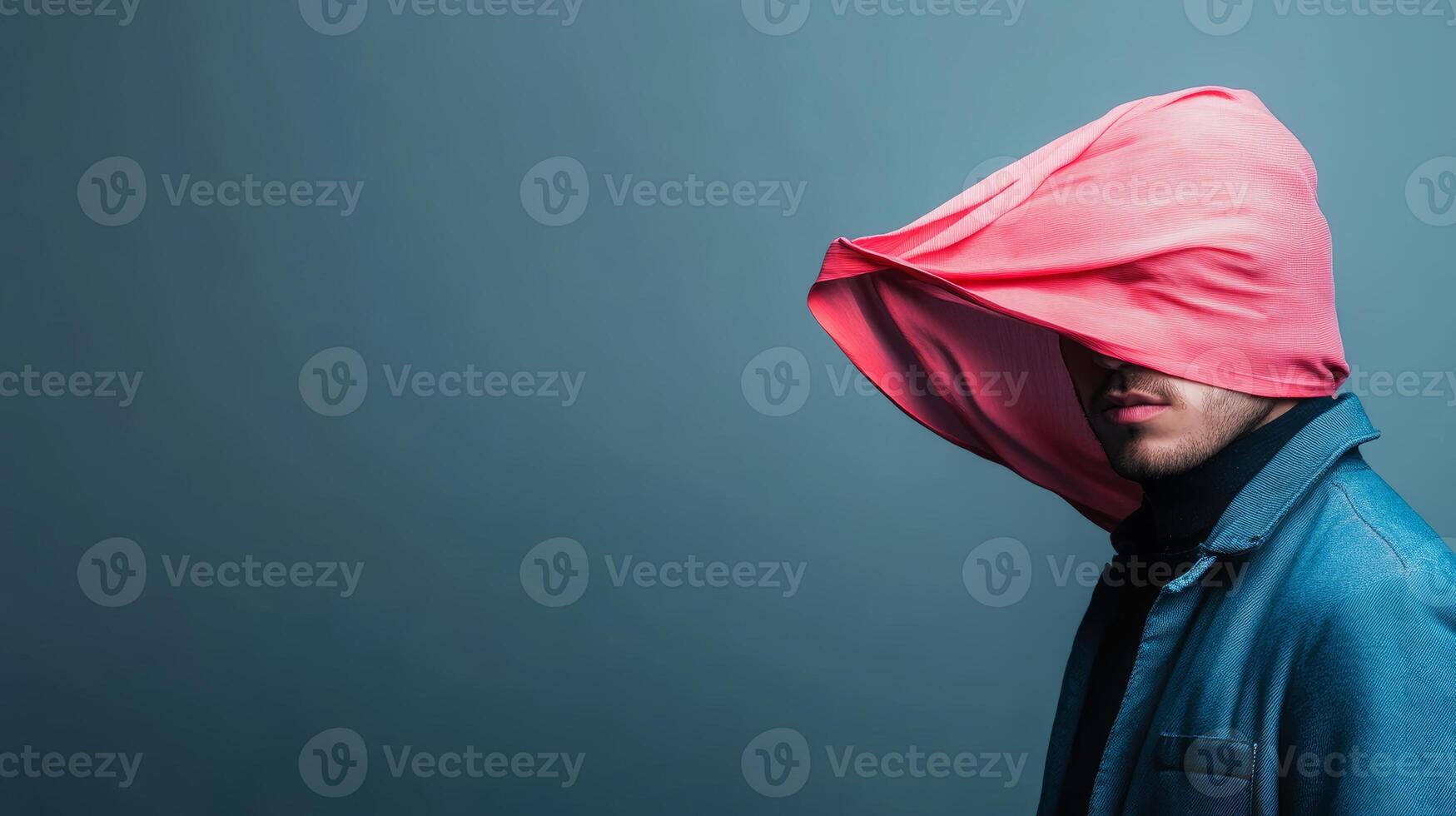 Unique expressive portrait of a person with a vibrant red cloth partially covering their head against a minimalistic backdrop photo