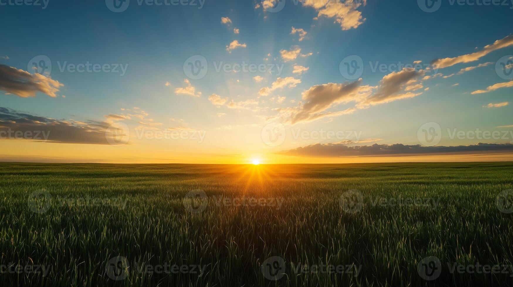 Sunrise over a lush green field with vibrant clouds and golden rays casting warmth in the morning sky photo