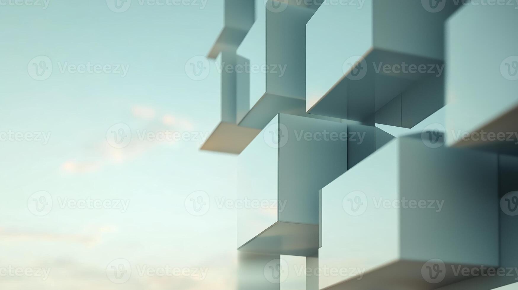 Modern architectural design featuring abstract geometric shapes under a clear blue sky with soft clouds photo